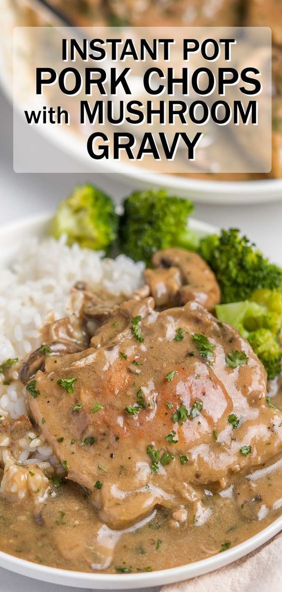 two plates filled with meat, mushrooms and gravy next to broccoli