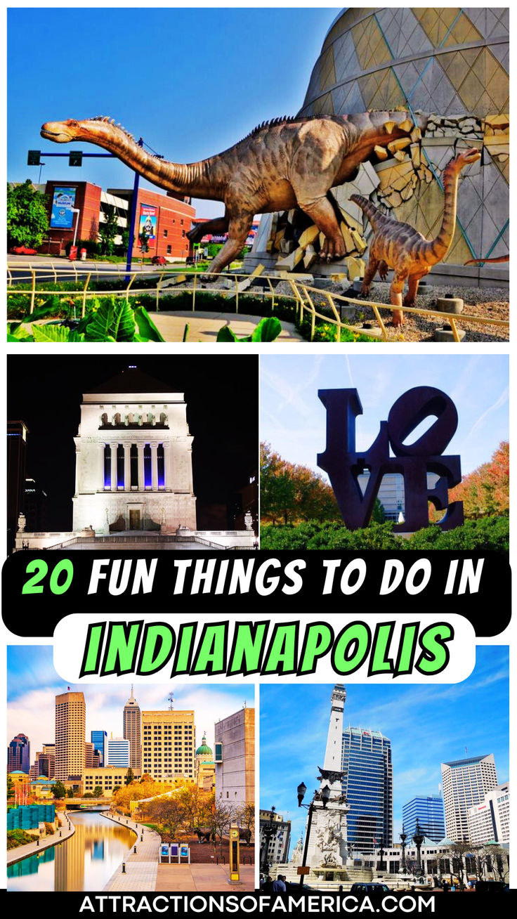 Image of Children's Museum of Indianapolis, Museum of Art, Canal Walk and more with text overlay reading 20 fun things to do in Indianapolis. Things To Do In Indianapolis Adults, Indiana Travel Places To Visit, Things To Do In Indianapolis With Kids, What To Do In Indianapolis, Indiapolis Indiana, Indianapolis Things To Do In, Indianapolis With Kids, Indiana Vacation, Uss Indianapolis