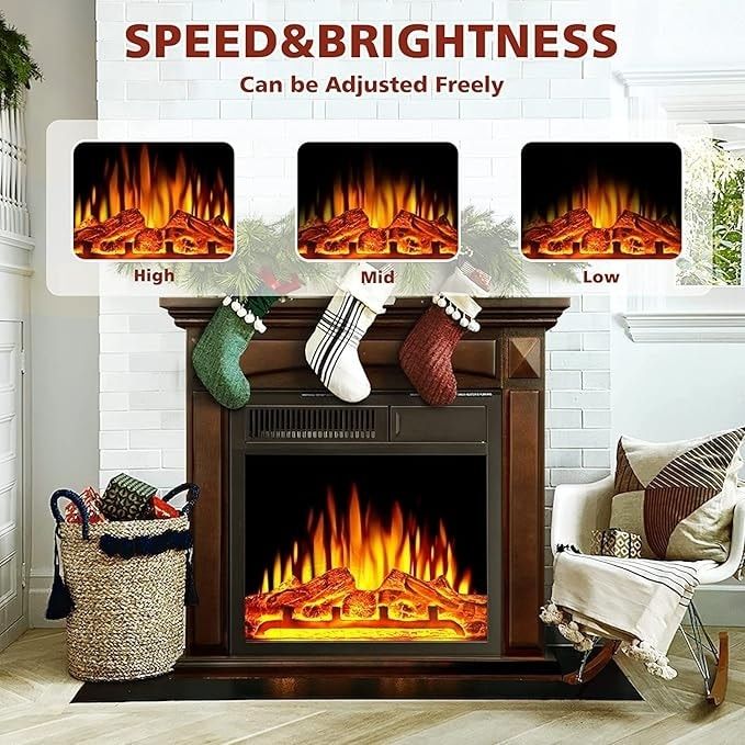 an advertisement for a fireplace with stockings and stockings on the mantel, which reads speed & brightness can be adjusted freely