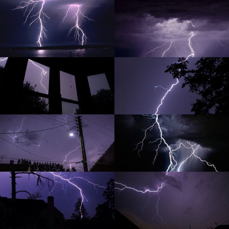 multiple pictures of lightning in the night sky