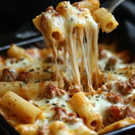 a fork full of pasta being lifted from a casserole dish with meat and cheese