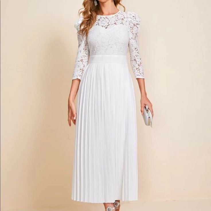 Women Dress Elegant Spring Dresses With Lace Sleeves, Brunch Pleated Bodice Maxi Dress, Spring Wedding Midi-length Pleated Dress, Spring Brunch Maxi Dress With Pleated Bodice, Spring A-line Midi Dress With Lace Sleeves, Spring Evening Long Pleated Dress, Spring Maxi Dress With Lace Sleeves, Chic Pleated Wedding Dress For Spring, Chic Pleated Spring Wedding Dress