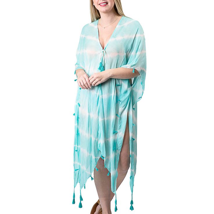 viscose tie-dye cover-up with tassels in turquoise and white print Beachy Upf 50+ Pool Cover-up, Spring Vacation Tie-dye Swimwear, Tie Dye Swimwear For Spring Vacation, Spring Vacation Tie Dye Swimwear, Spring Tie Dye Swimwear, Tie Dye Spring Summer Swimwear, Tie Dye Swimwear For Spring And Summer, Blue Summer Cover-up With Upf 50+, Breezy Summer Pool Cover-up