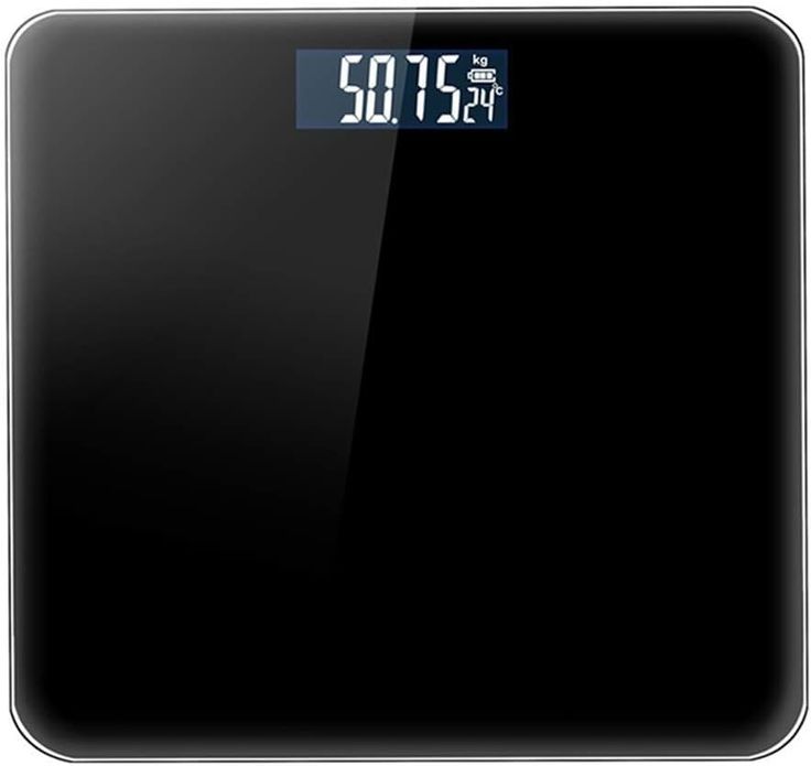 a digital bathroom scale with the time displayed on it's display screen, black