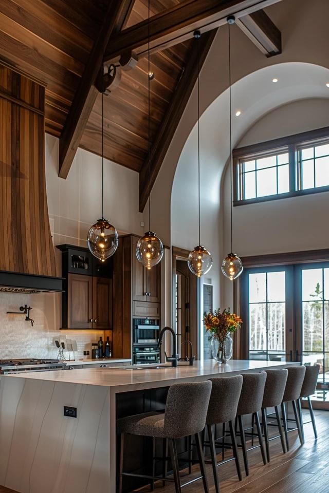 Elevate Your Space: Vaulted Ceiling Kitchen Ideas Kitchens High Ceilings, Open Beam Ceiling Kitchen, Vaulted Ceiling Pendant Lights, Vaulted Ceiling Kitchen And Living Room, Kitchen With Beams On Ceiling, Kitchen With Tall Ceilings, Vaulted Kitchen Ceiling, Vaulted Ceiling Dining Room, Tall Ceiling Kitchen