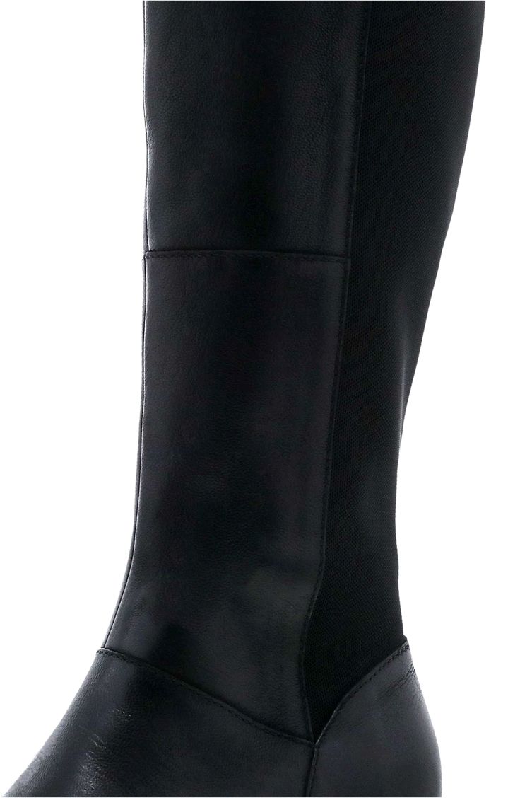 Rugged leather and contour-defining stretch fabric create an ideal fit and sleek silhouette in this knee-high boot set on an all-day-comfortable rubber sole. 1 3/4" heel, 14 1/2" shaft, 15" circumference (size 8.5) Leather and textile upper and lining/rubber sole Imported Modern Fitted Black Knee-high Boots, Modern Black Fitted Knee-high Boots, Fitted Synthetic Knee-high Boots With Round Toe, Tall Leather Mid-calf Boots With Medium Width, Leather Mid-calf Boots With Medium Width, Leather Mid-calf Boots Medium Width Tall, Fitted Black Knee-high Boots With Zipper, Mid-calf Leather Boots With Medium Width, Fitted Knee-high Boots For Work