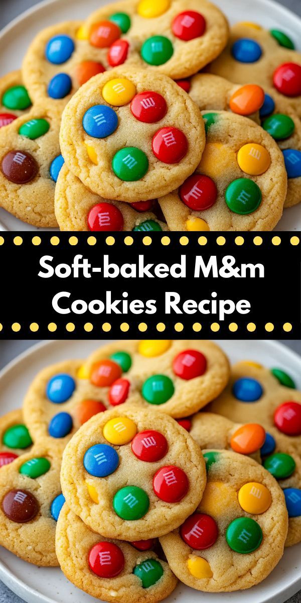 soft - baked m & m cookies recipe on a plate with the title above it