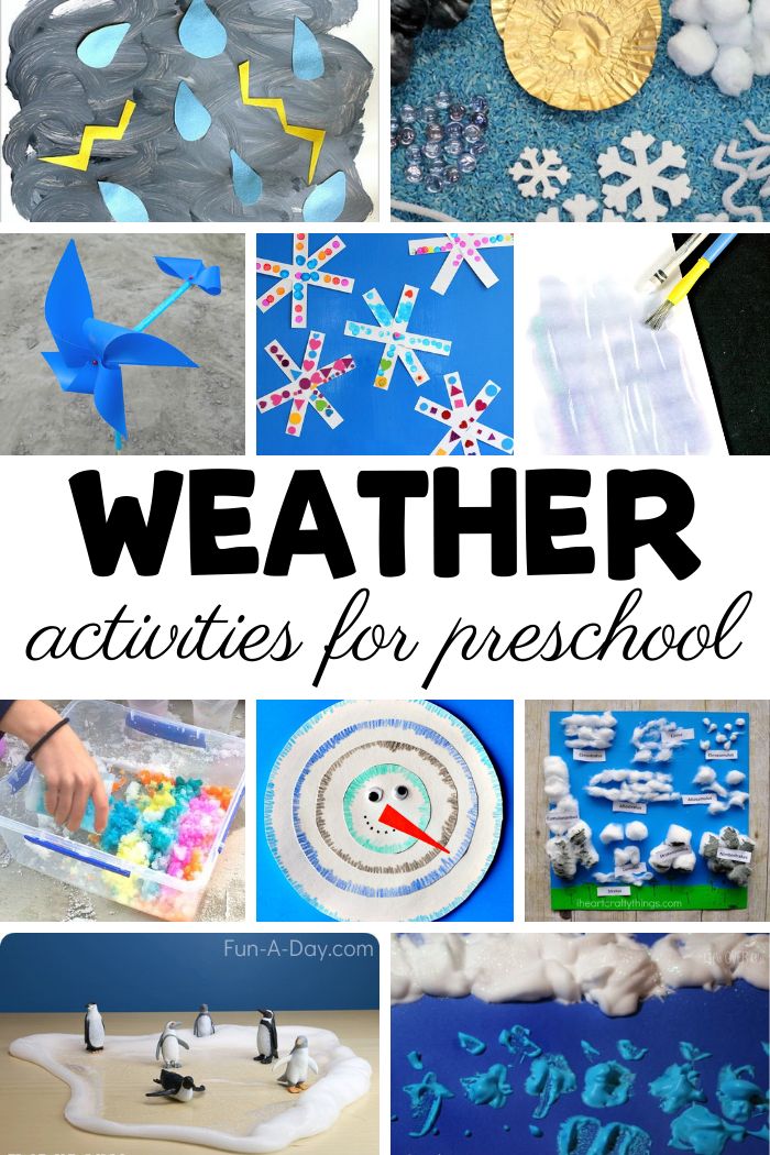 the words weather activities for preschool are shown above pictures of snowflakes and paper plates