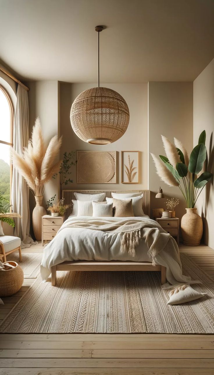 a bedroom with a large bed and lots of plants