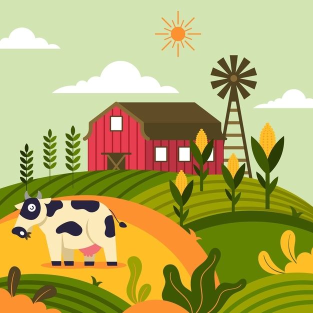 a cow standing in the middle of a field near a red barn and silo