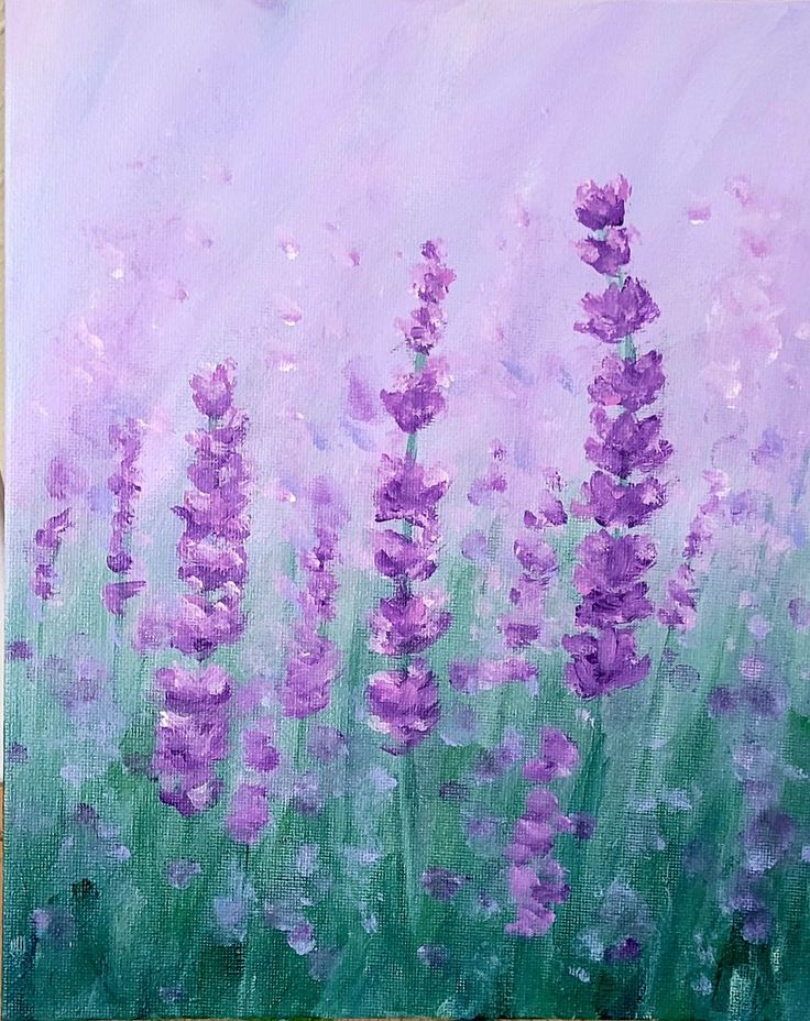 a painting of purple flowers on a green background