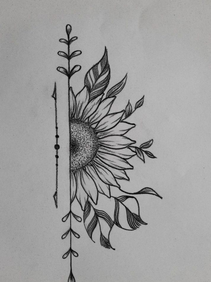 a drawing of a sunflower with an arrow on it's side and some leaves