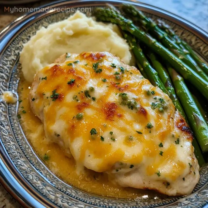 a plate with chicken, mashed potatoes and asparagus