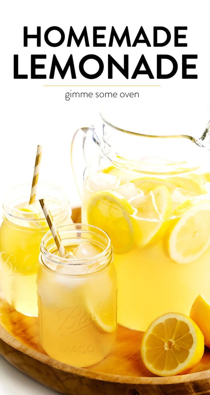 homemade lemonade in mason jars on a wooden tray