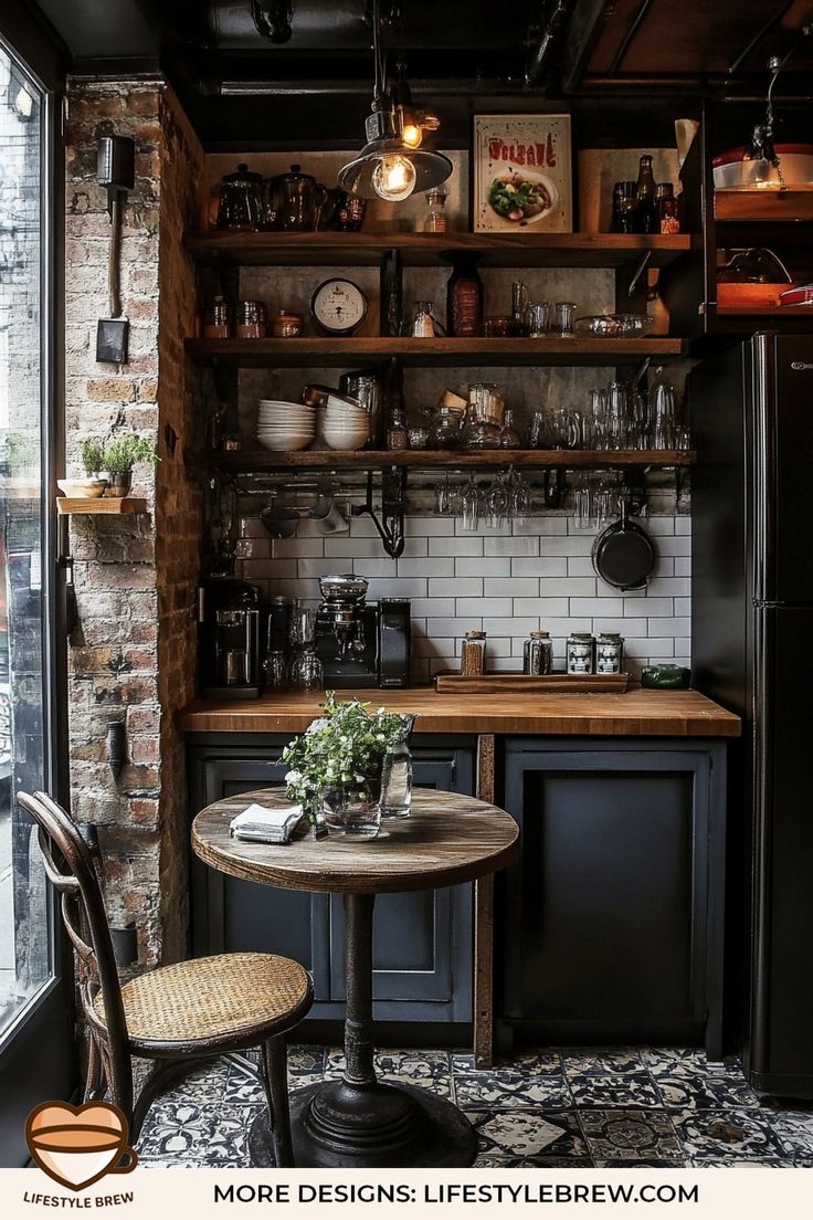 a small table and chairs in a room with shelves on the wall behind it that are filled with pots and pans