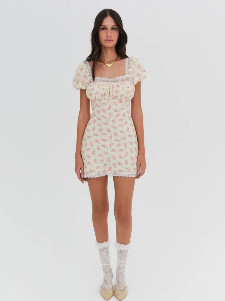 Maxine Mini Dress — Ivory | For Love & Lemons Short Floral Dress, Lurex Fabric, Rose Fabric, Pink Mini Dress, Floral Dresses Short, Vintage Tablecloths, Romantic Look, For Love & Lemons, Wild Rose