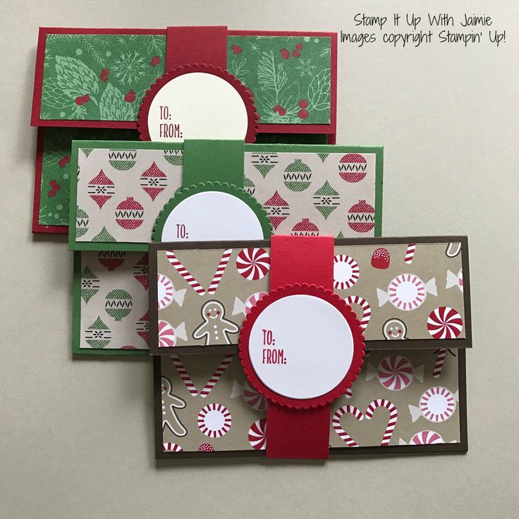 three christmas cards made with stampin's candy canes and dieing paper