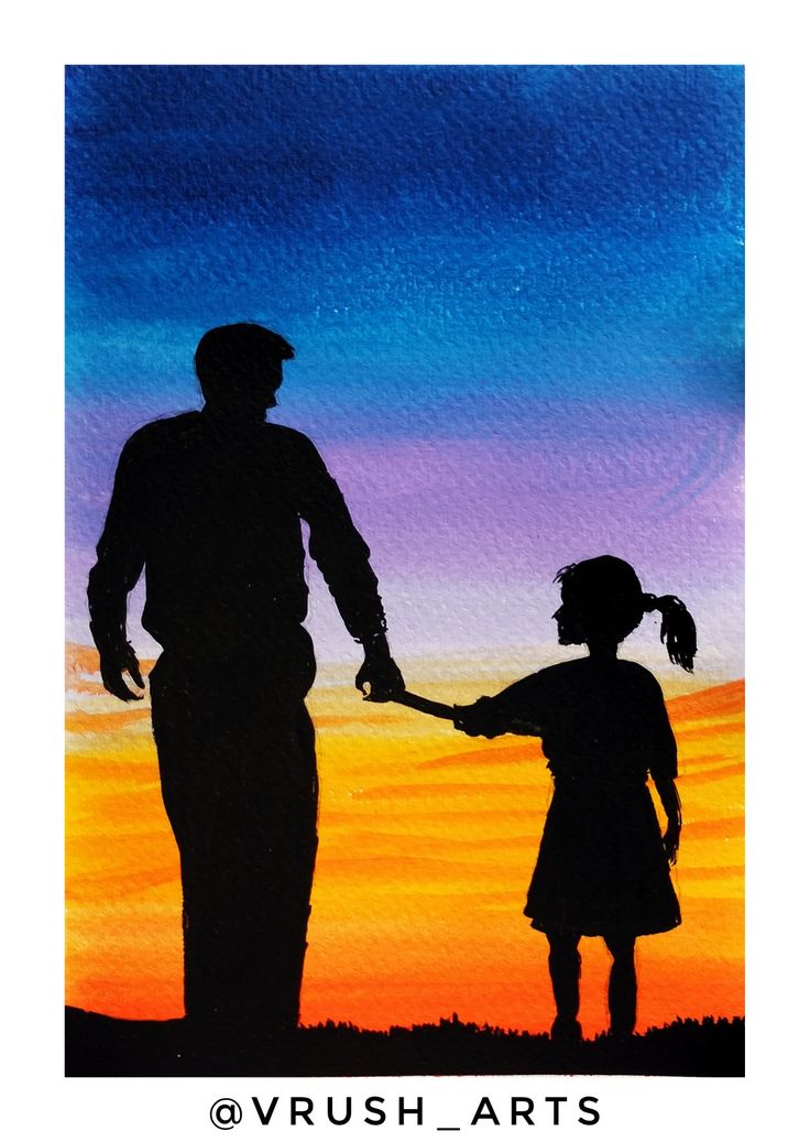 a painting of a father and daughter holding hands in front of an orange, purple, and blue sky