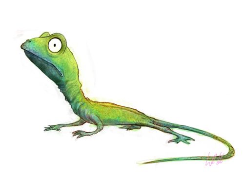 a drawing of a green lizard with eyes on it's back and tail, standing upright