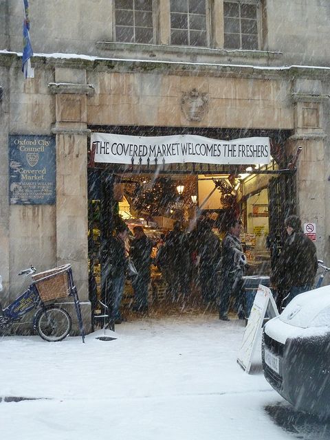 the covered market welcomes the freshers on a snowy day