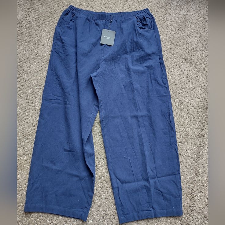 Navy Blue Pull On Linen Pants 5x - Waist Flat 18" Inseam 29" Pockets Nwt Denim Blue Ankle-length Bottoms With Pockets, Solid Color Cropped Leg Pull-on Pants, Casual Blue Cropped Leg Pants, Blue Ankle-length Pull-on Pants, Blue Cropped Leg Pull-on Pants, Blue Cropped Leg Pull-on Style Pants, Blue Wide-leg Pull-on Pants, Non-stretch Blue Cropped Leg Pants, Blue Bottoms With Elastic Waistband And Cropped Leg