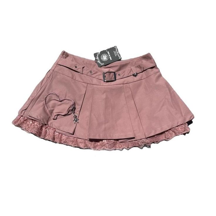 Pale Pink Pleated Mini Skirt. Heart Zipper Pocket With Teddy Bear Zipper. Built In Belt With Silver Heart Charm. Double Layer With Soft Inner Layer With Lace Trim Size: Small And Large Available Small Measurements Flat: Waist: 15 In Length: Outer Layer 12in Lace Layer 14in Condition: New With Tags Brand: Dark In Love #Y2k #Mallgoth #Cyber #Preppy #Kawaii Kawaii Mini Skirt, Pink And Brown Clothes, Y2k Pink Mini Skirt, Pink Y2k Mini Skirt, Heart Skirt, Pink Skirts, Coquette Skirt, Pink Leather Skirt, Low Waisted Skirt