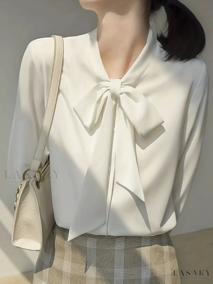 Lasaky - Womens Tie Neck Solid Blouse: Stylish and Versatile Long Sleeve Office-Wear Chiffon Shirt Blouse, Office Blouse, Party Blouse, White Shirts Women, Tie Neck Tops, Womens Tie, Chiffon Blouse, Casual Blouse, Tie Neck