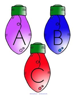 three christmas lights with the letters abc and c on them, one is red, one is blue