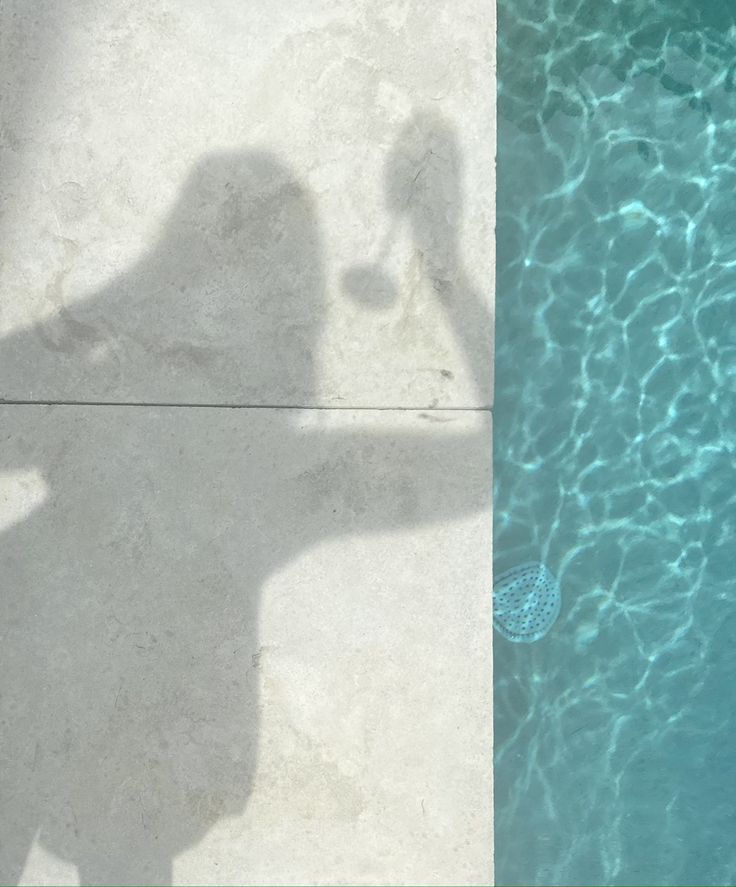 the shadow of a person standing next to a swimming pool holding an object in their hand