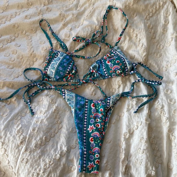 Shein Bikini Set, Size M Never Worn! Adjustable Straps And Ties Removable Pads Beachy Stretch Swimwear With Floral Print, Beachy Swimwear With Floral Print And Stretch, Floral Print Triangle Top Tankini For Sunbathing, Floral Triangle Top Tankini For Sunbathing, Floral Print Tankini With Tie-side Bottom For Sunbathing, Stretch Floral Print Swimwear For Beach Season, Floral Print Halter Neck Swimwear For Beach Season, Beachy Printed Tie-side Swimwear, Floral Print Stretch Swimwear With Tie-side Bottom