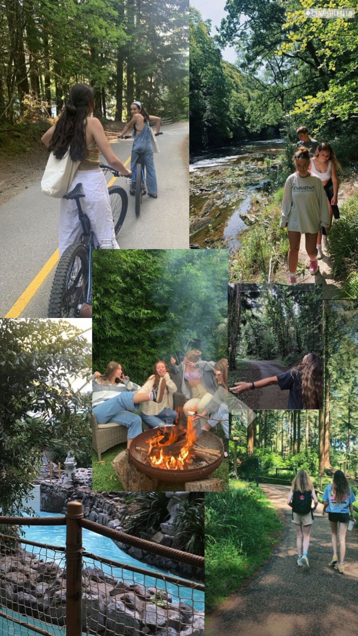 people walking and riding bikes on a path in the woods, along with a fire pit