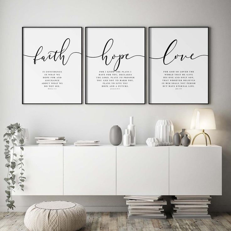 two black and white prints with the words faith, hope, and love on them