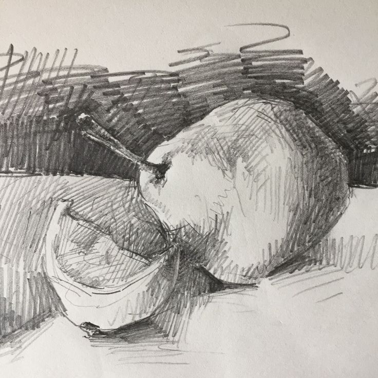 a pencil drawing of an apple in a bowl on a tablecloth with a spoon