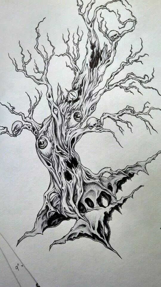 a pencil drawing of a tree with no leaves and branches on the top of it