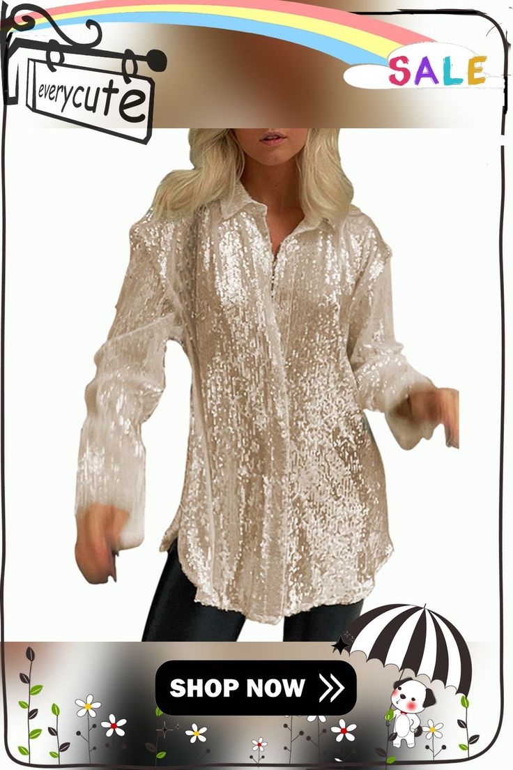 Champagne Sequined Party Wear Long Sleeve Shirt Elegant V-neck Party Shirt, Glamorous Fall Button-up Tops, Elegant V-neck Shirt For Party, Long Sleeve Sequin Tops For Holiday Party, Holiday Party Long Sleeve Sequin Top, Summer V-neck Party Shirt, Trendy V-neck Blouse For Party, Festive V-neck Top For Party Season, Casual Summer Party Shirt