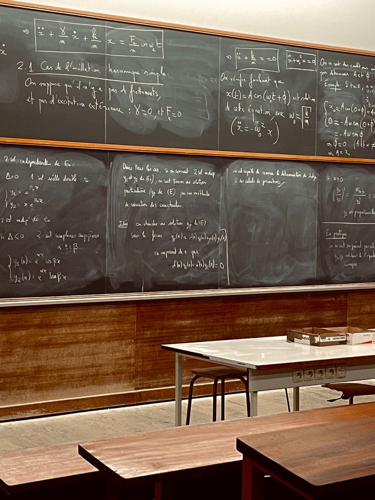 an empty classroom with tables and chalkboards on the wall