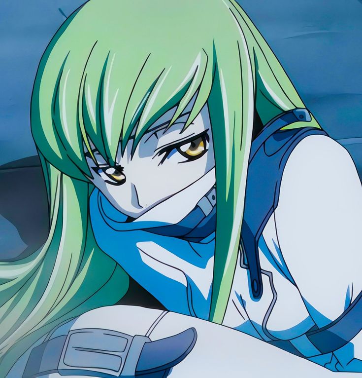 an anime character with green hair and yellow eyes looking at something in the distance behind her