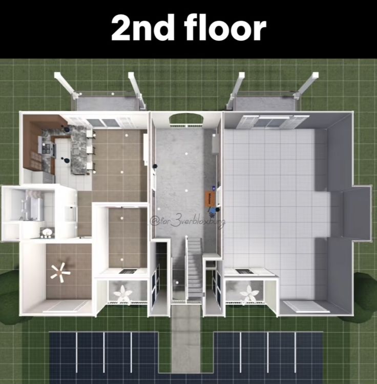 an overhead view of a floor plan with the second floor and kitchen on each side