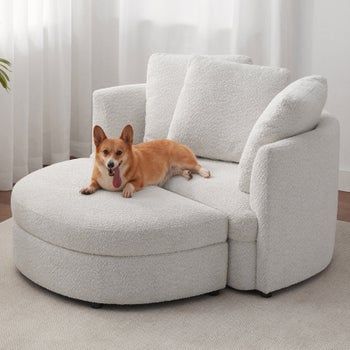 a dog laying on top of a white couch