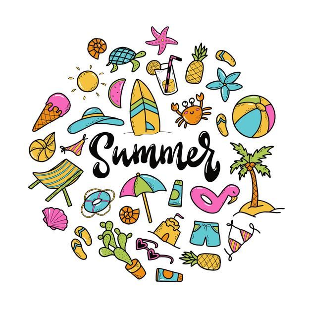 the word summer surrounded by hand drawn doodles and colorful items such as beach balls, umbrellas, palm trees, sunbathers