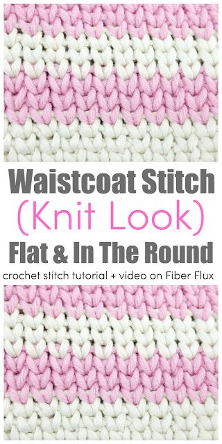 the waistcoat stitch knit look is shown in pink and white, with text overlay