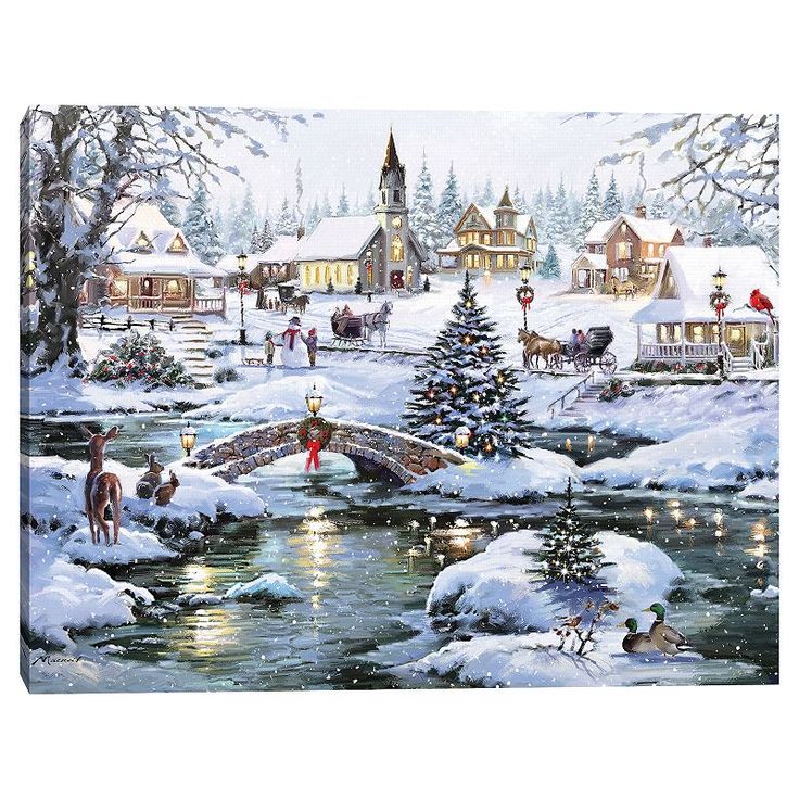 a painting of a christmas scene with people walking across a bridge over a snowy river