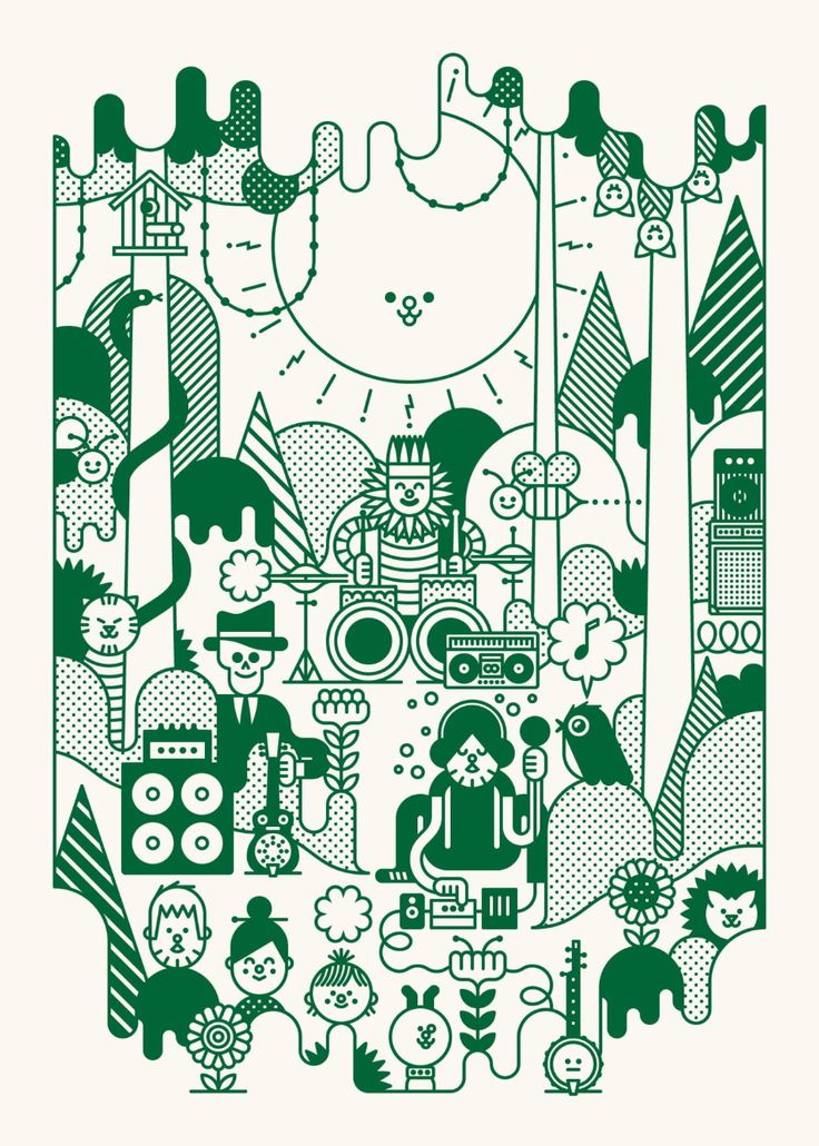 a green and white drawing of people surrounded by animals, trees, and other things