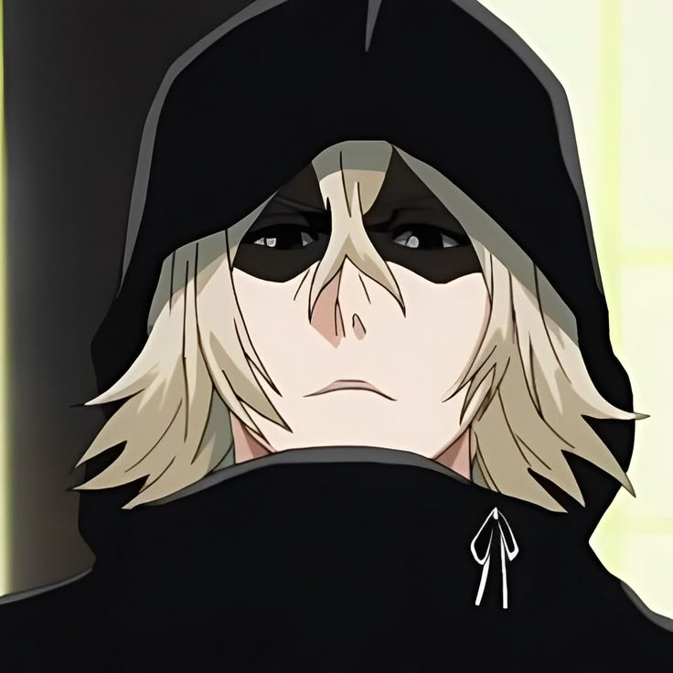 an anime character with blonde hair wearing a black hoodie and looking at the camera