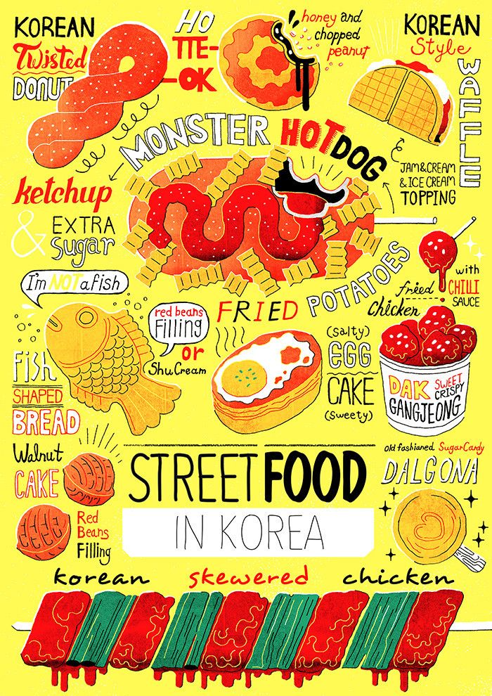 an advertisement for street food in korea with different types of meats and vegetables on it