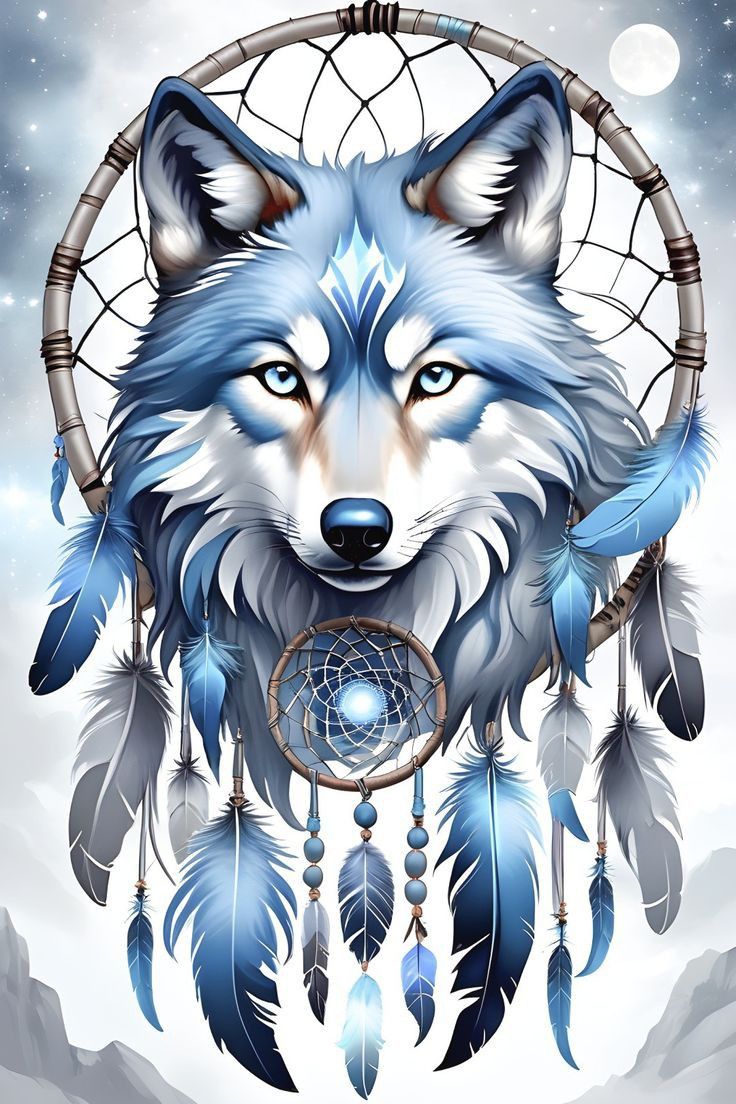 an image of a wolf with feathers on it's head and dream catcher in the background