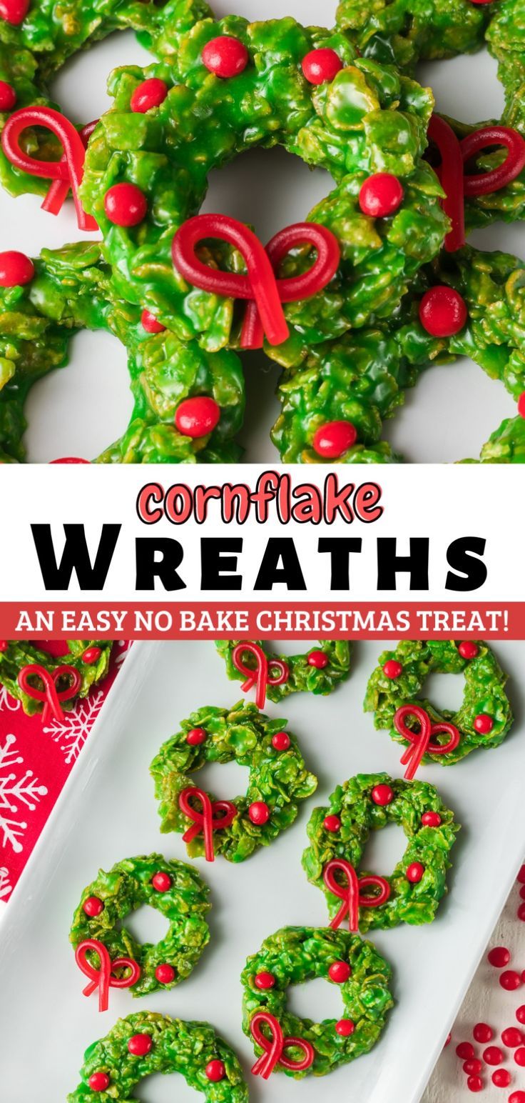 Christmas Wreath Cookies are as fun to make as they are to eat! Turn cornflake cereal into festive treats with this easy recipe and just a handful of ingredients. No need to bake Christmas wreath cookies because they’re made in a large pot on top of the stove. They're the perfect addition to your Christmas cookie tray or box! Christmas Wreath Dessert, Xmas Food Gifts, Cornflake Wreaths, Christmas Dessert Tray, Cinnamon Candies, Christmas No Bake Treats, Christmas Cookie Tray, No Bake Christmas, Christmas Wreath Cookies