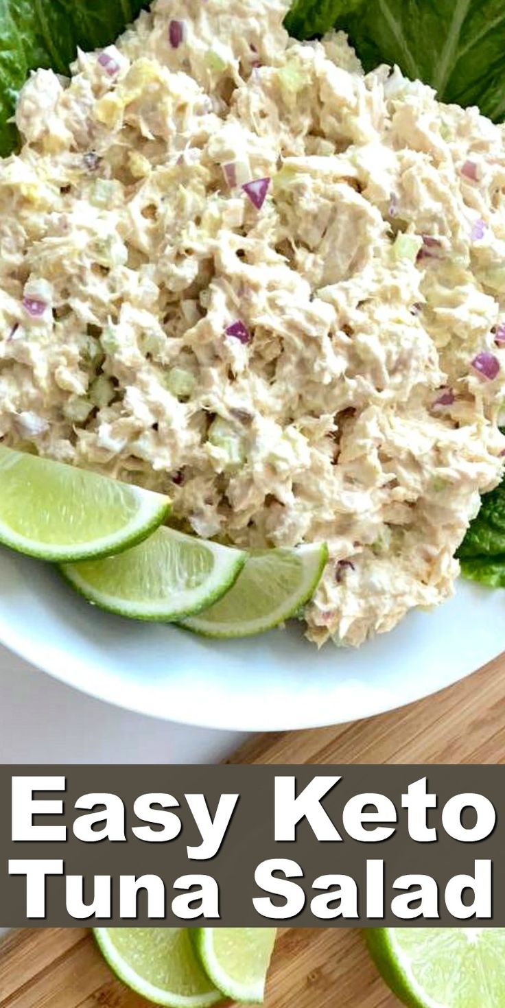 easy keto tuna salad on a white plate with lettuce and limes