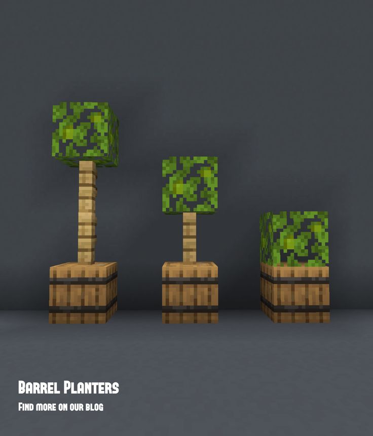 three small trees in different sizes and shapes, with the text barrel planters on each side