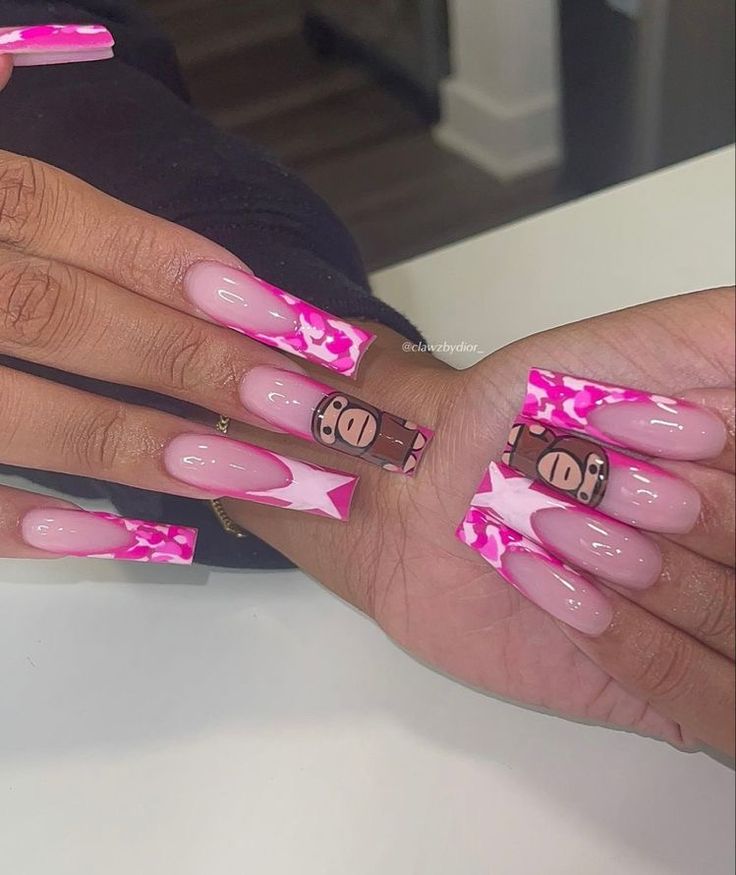 Hypebeast Nails Short, Hype Beast Nails, Bape Nails Acrylic, Hypebeast Nails, Blk Nails, Bape Nails, Pink Camo Nails, Black French Tip Nail, Nails Black Women